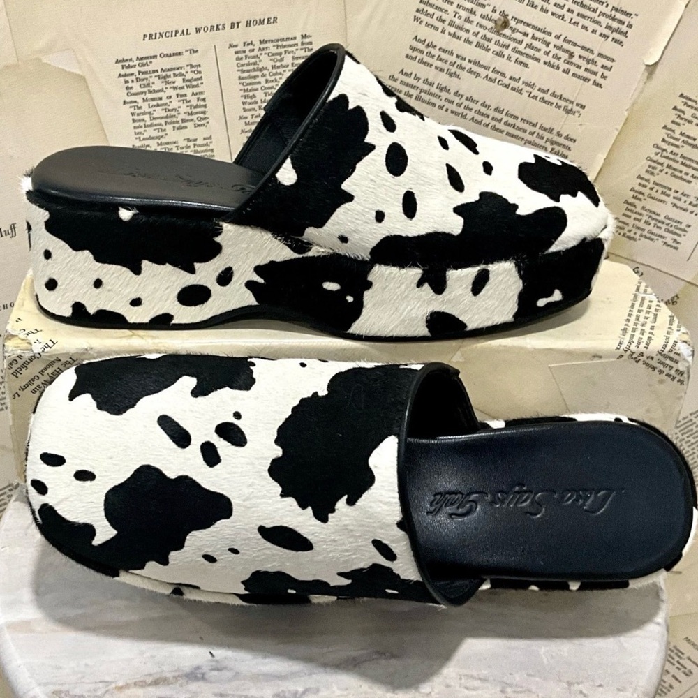 Anthropologie Lisa Says Gah Dakota Platform Clog Black White Cow Faux Hair - Picture 3 of 9